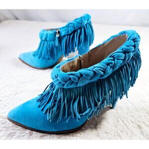 FEMMES SANS PEURS TURQUOISE Fringe Snakeskin Suede 9.5 Brazil made Ankle Boots